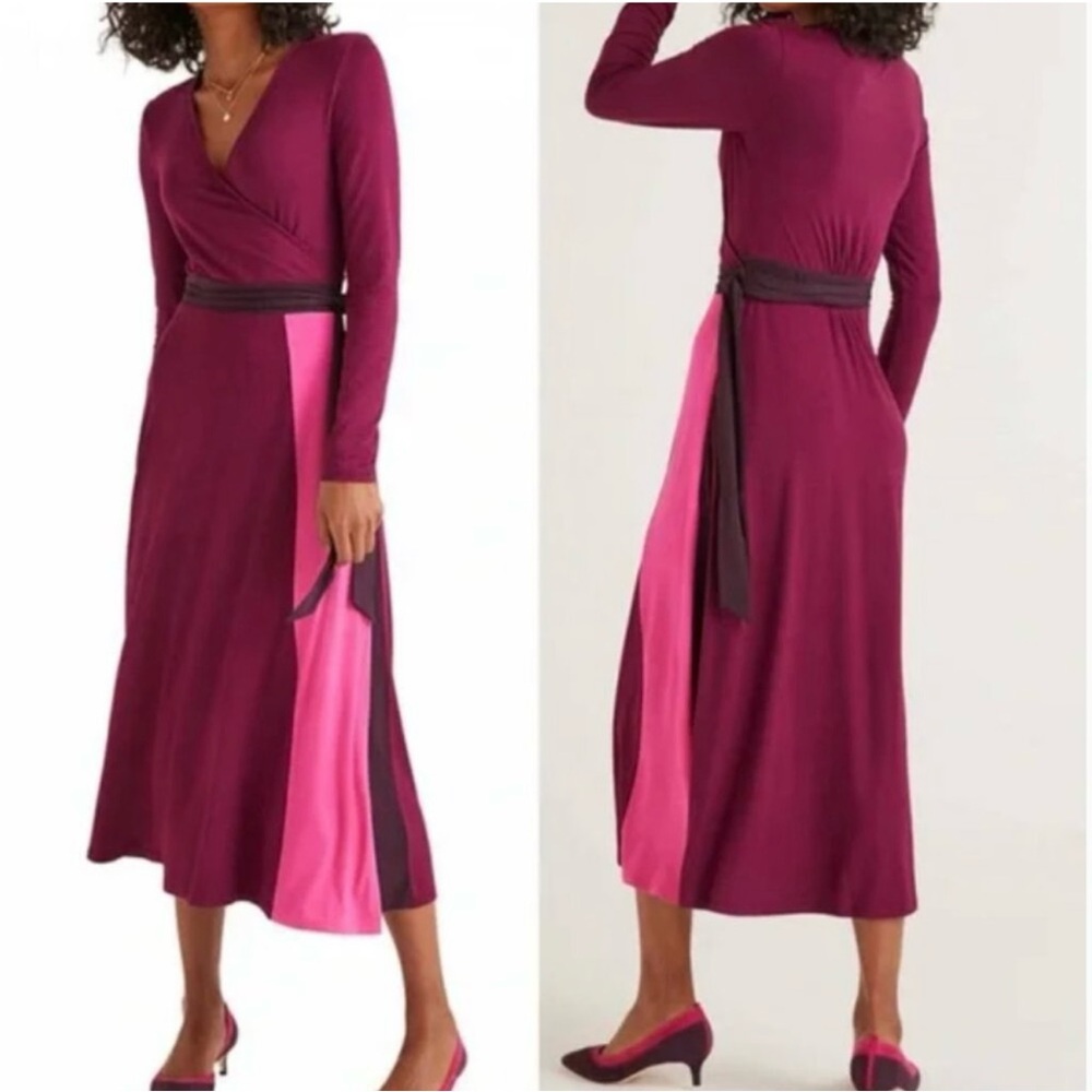 Boden Long Sleeve Color Block Wrapped Dress in Purple and Pink - Picture 3 of 9